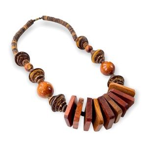 Vintage 1970s Artisan Chunky Wood Statement Necklace